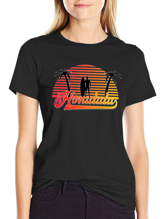 Retro Honolulu Sunset T-Shirt - Surfer Palm Tree Design