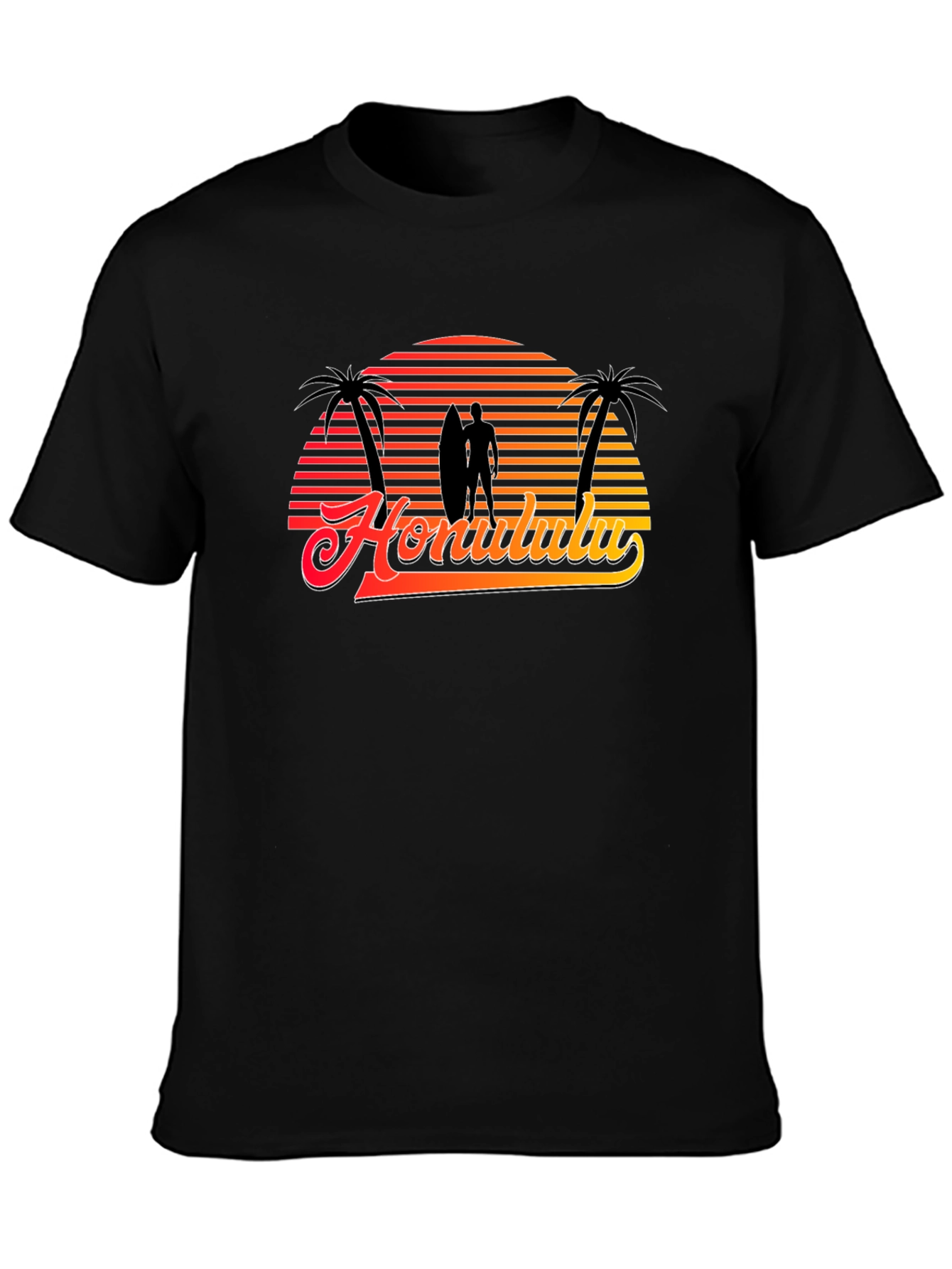 Retro Honolulu Sunset T-Shirt - Surfer Palm Tree Design