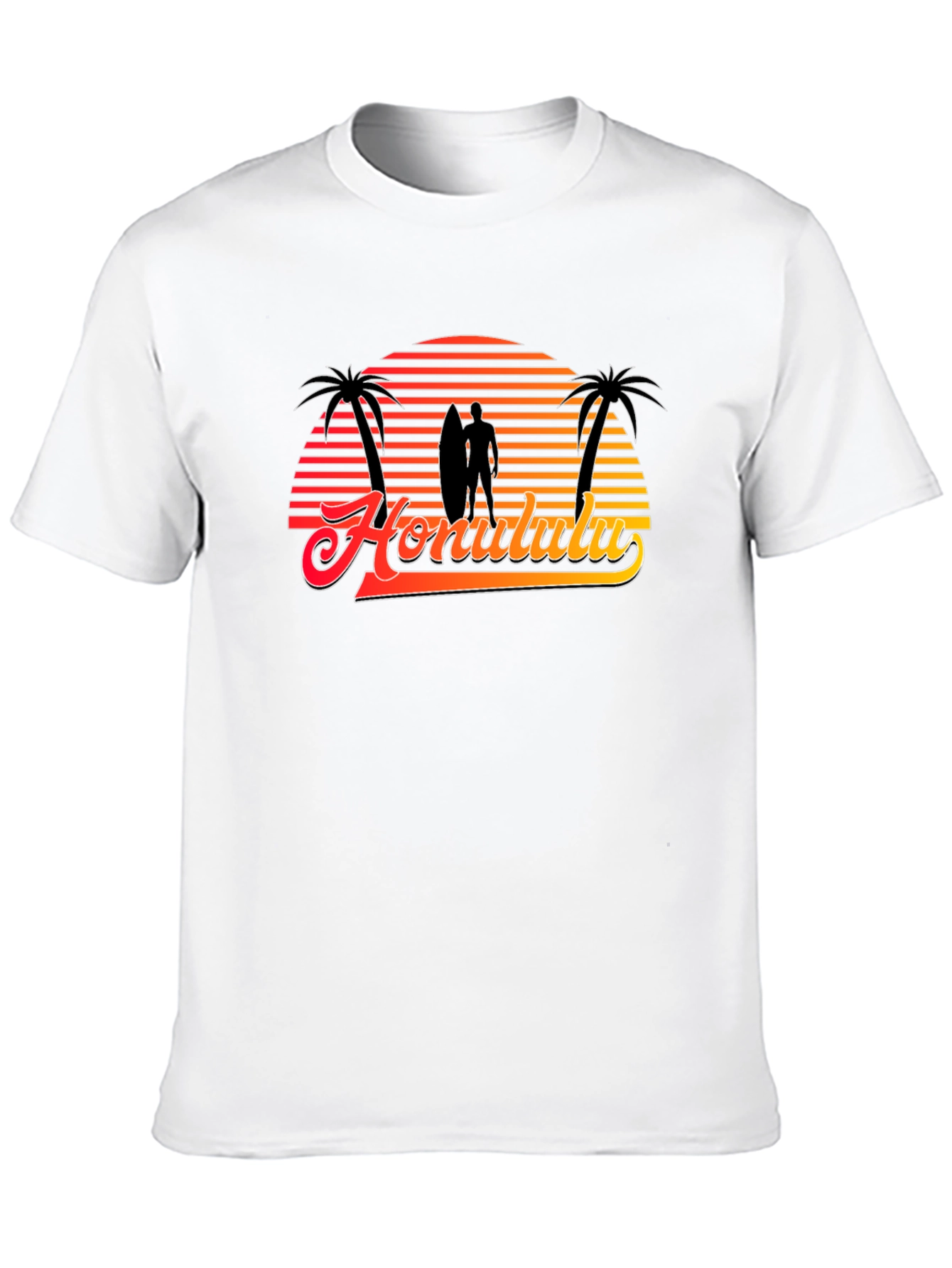 Retro Honolulu Sunset T-Shirt - Surfer Palm Tree Design
