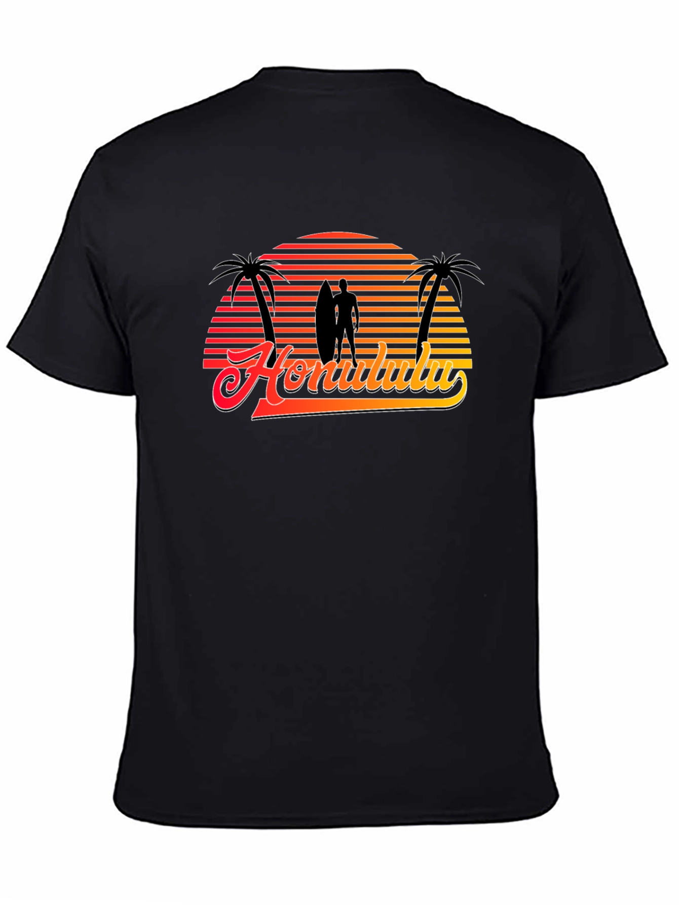 Retro Honolulu Sunset T-Shirt - Surfer Palm Tree Design