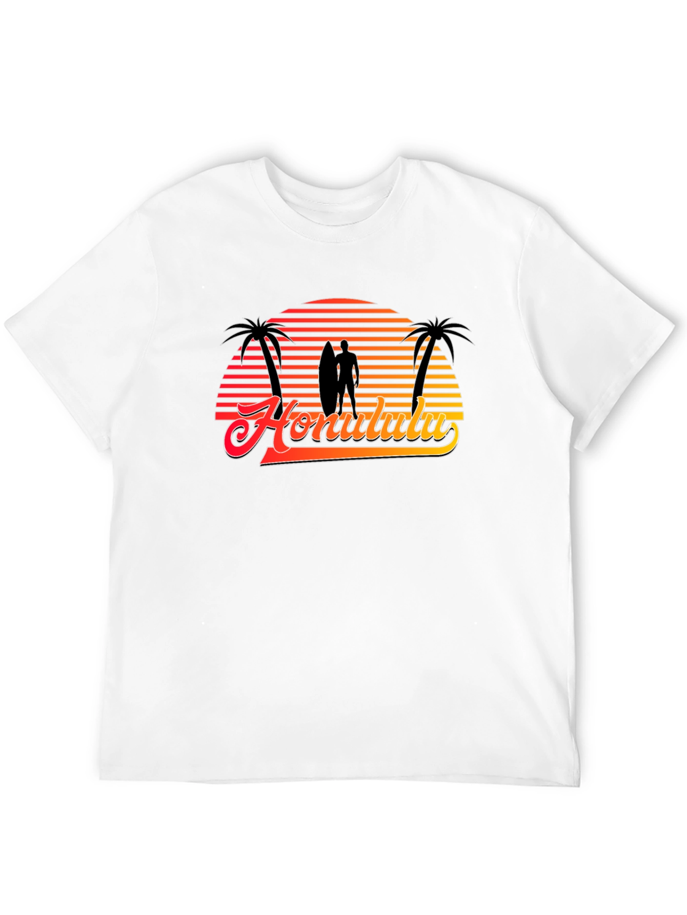 Retro Honolulu Sunset T-Shirt - Surfer Palm Tree Design