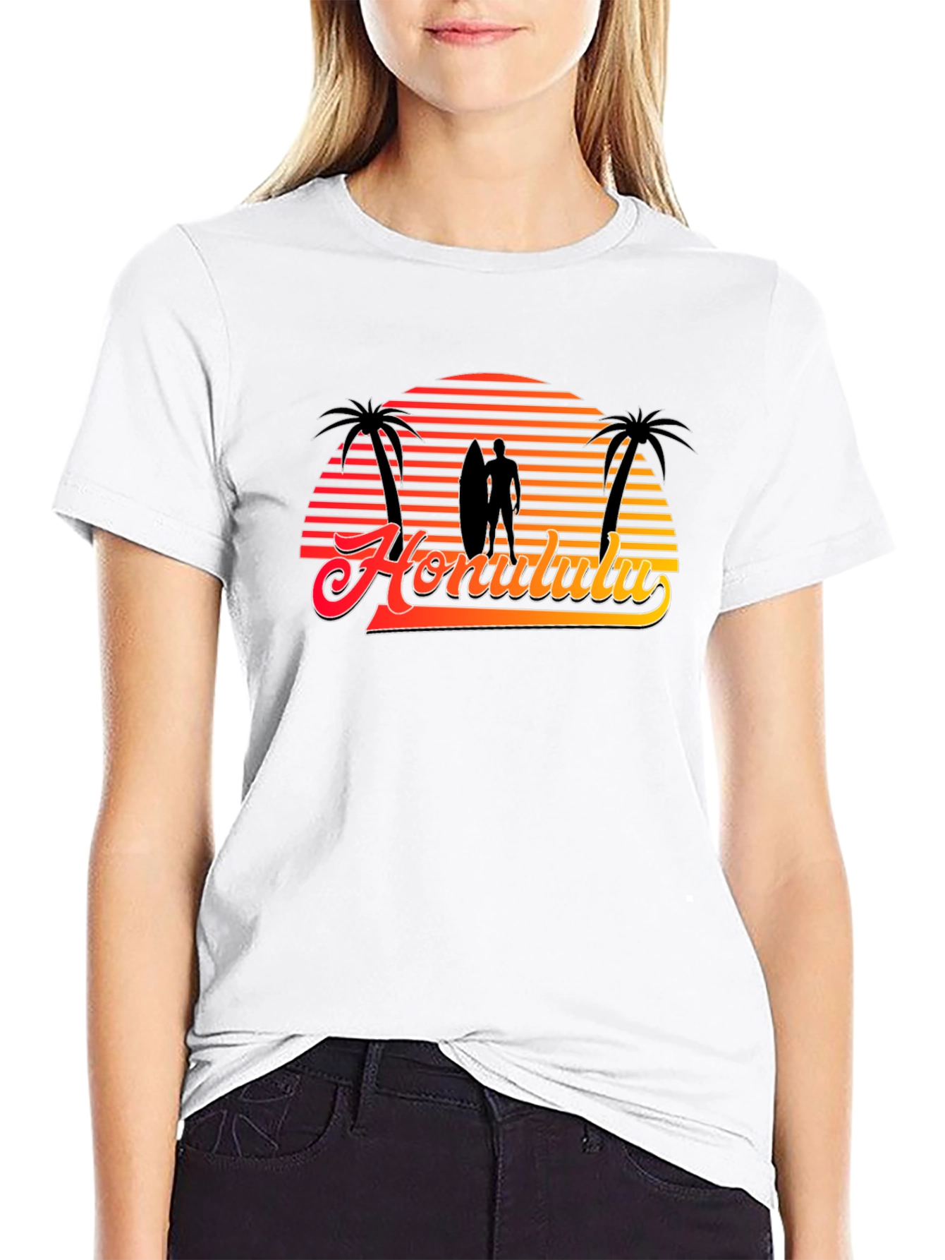 Retro Honolulu Sunset T-Shirt - Surfer Palm Tree Design