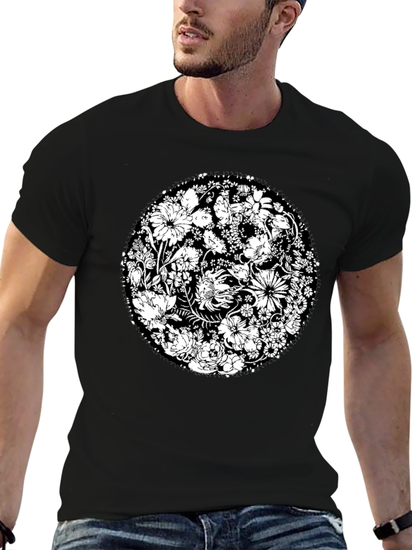 Floral Mandala Graphic Tee - Black Cotton T-Shirt