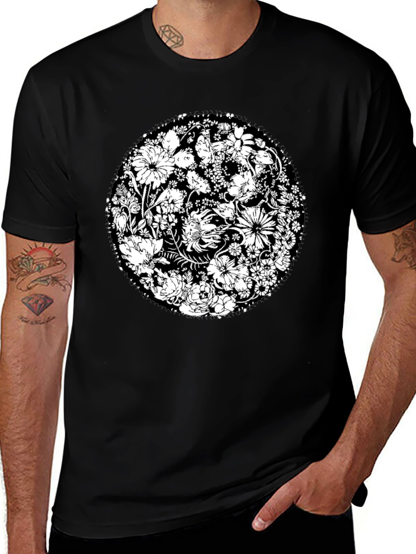 Floral Mandala Graphic Tee - Black Cotton T-Shirt