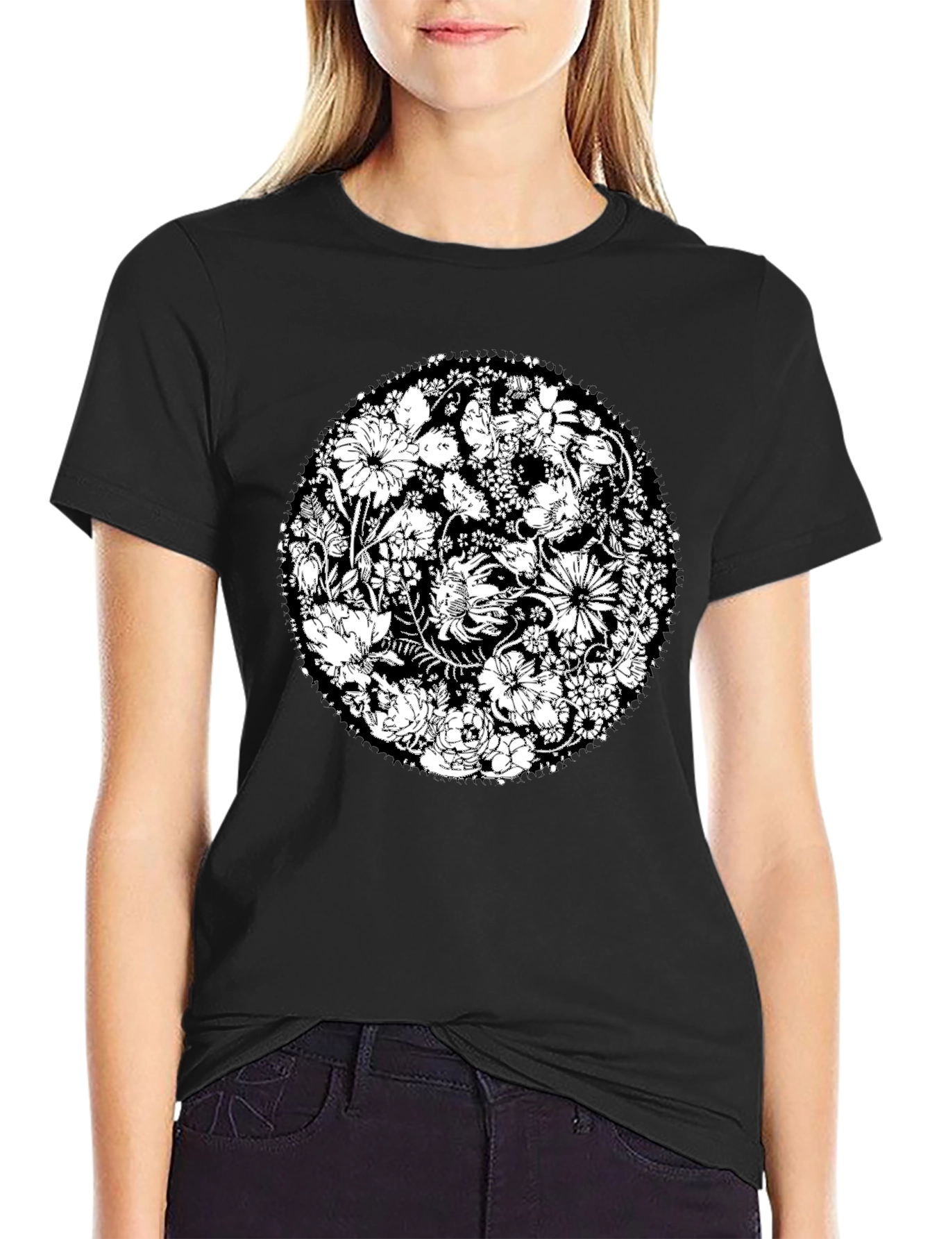 Floral Mandala Graphic Tee - Black Cotton T-Shirt