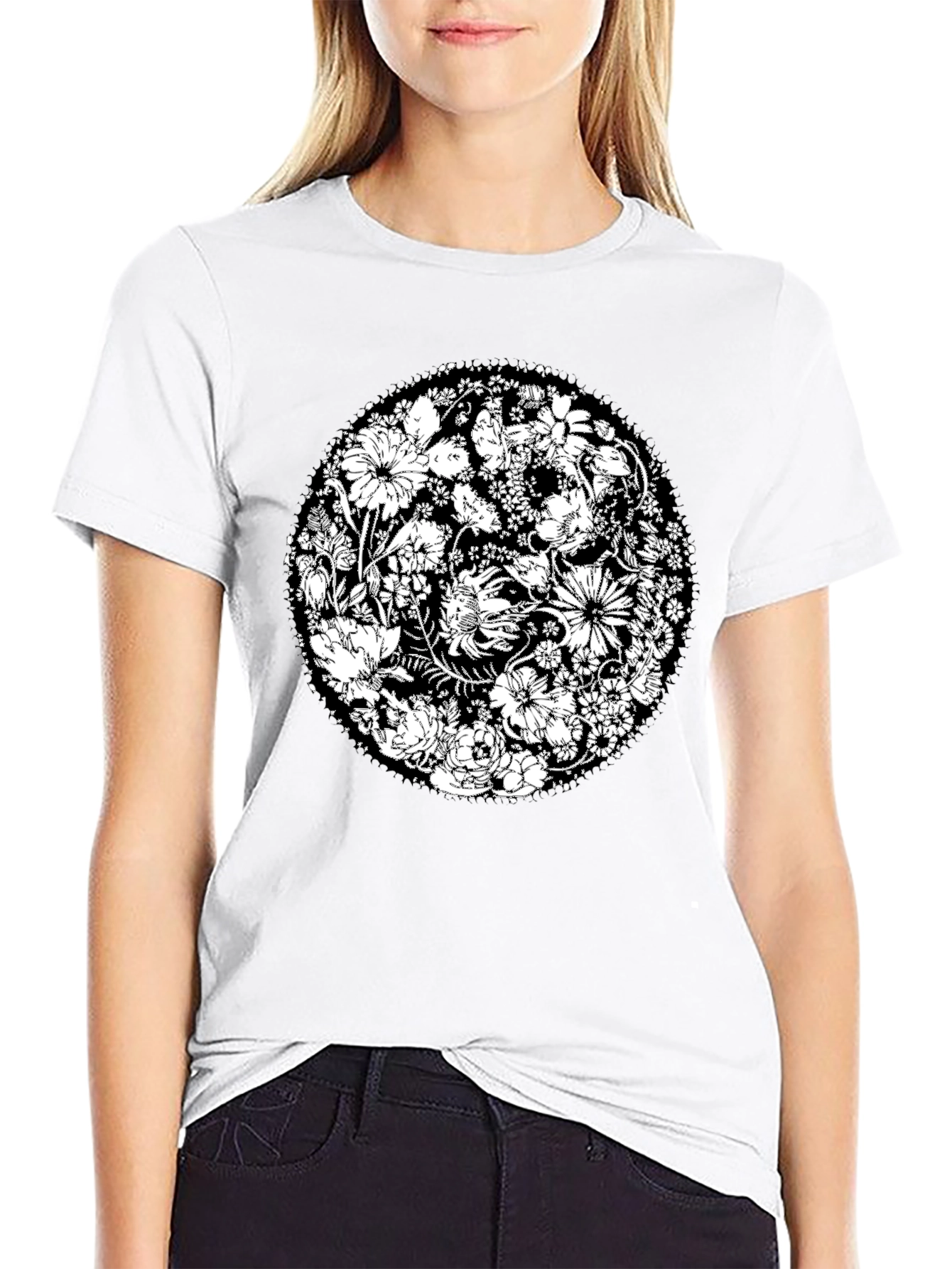 Floral Mandala Graphic Tee - Black Cotton T-Shirt