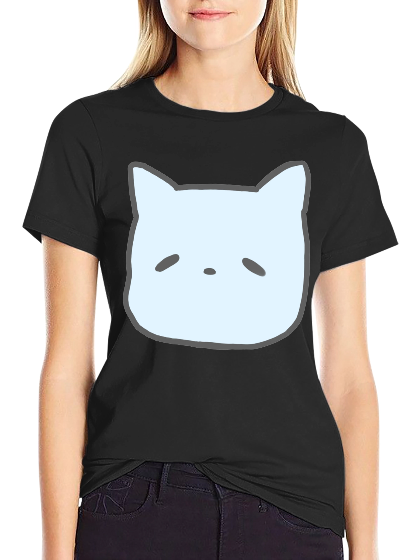 Cute Cat Face Graphic Tee - Casual Black T-Shirt