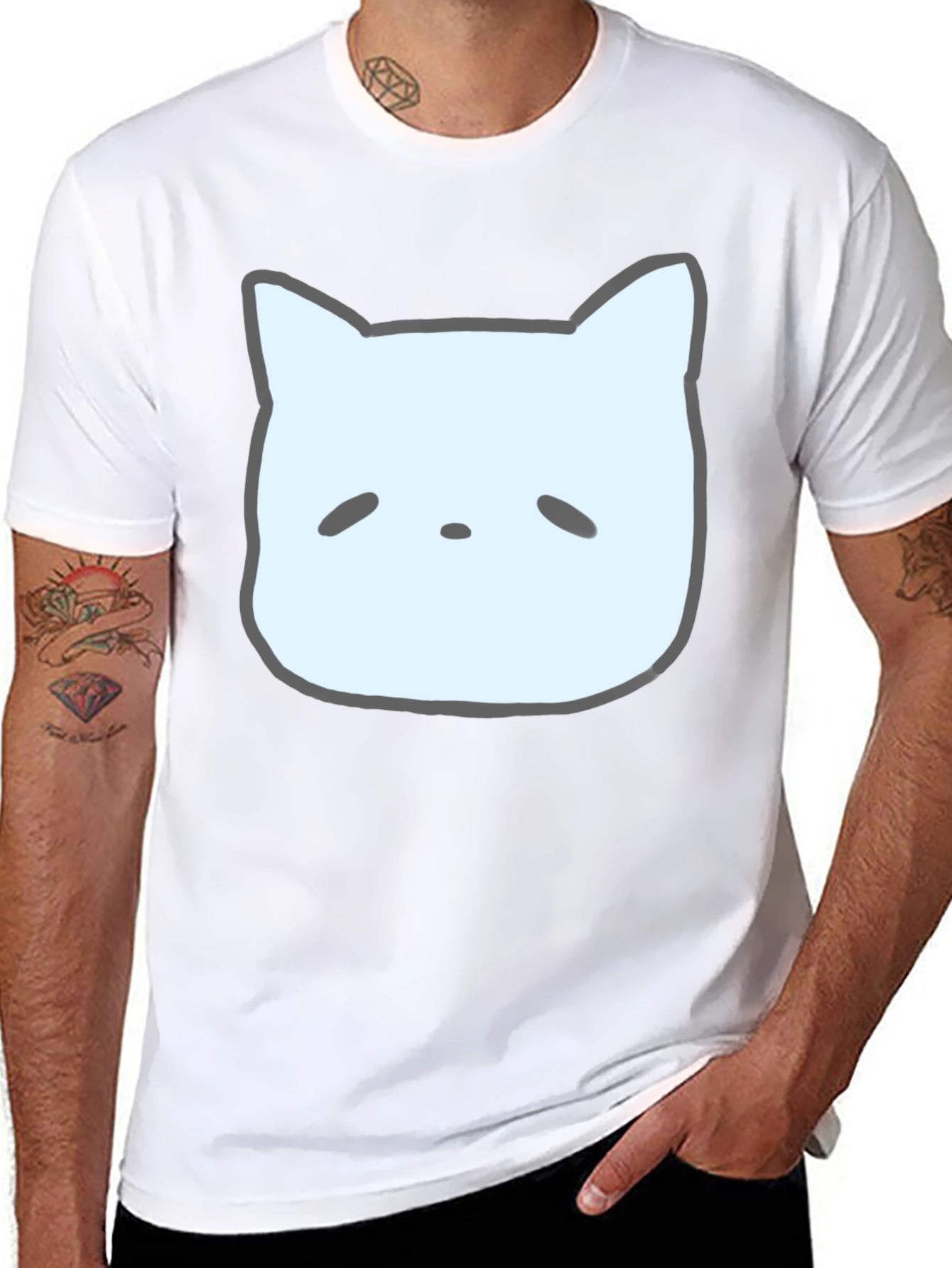 Cute Cat Face Graphic Tee - Casual Black T-Shirt