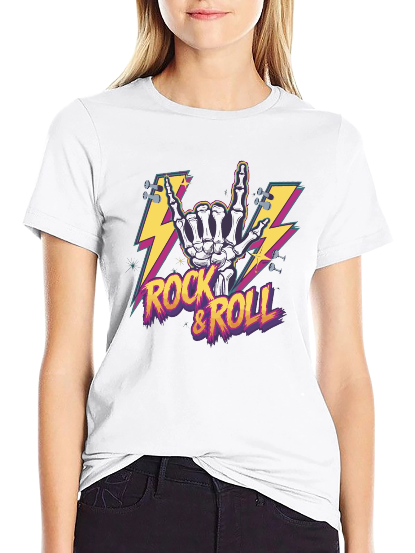 Rock & Roll Skeleton Hand Graphic T-Shirt