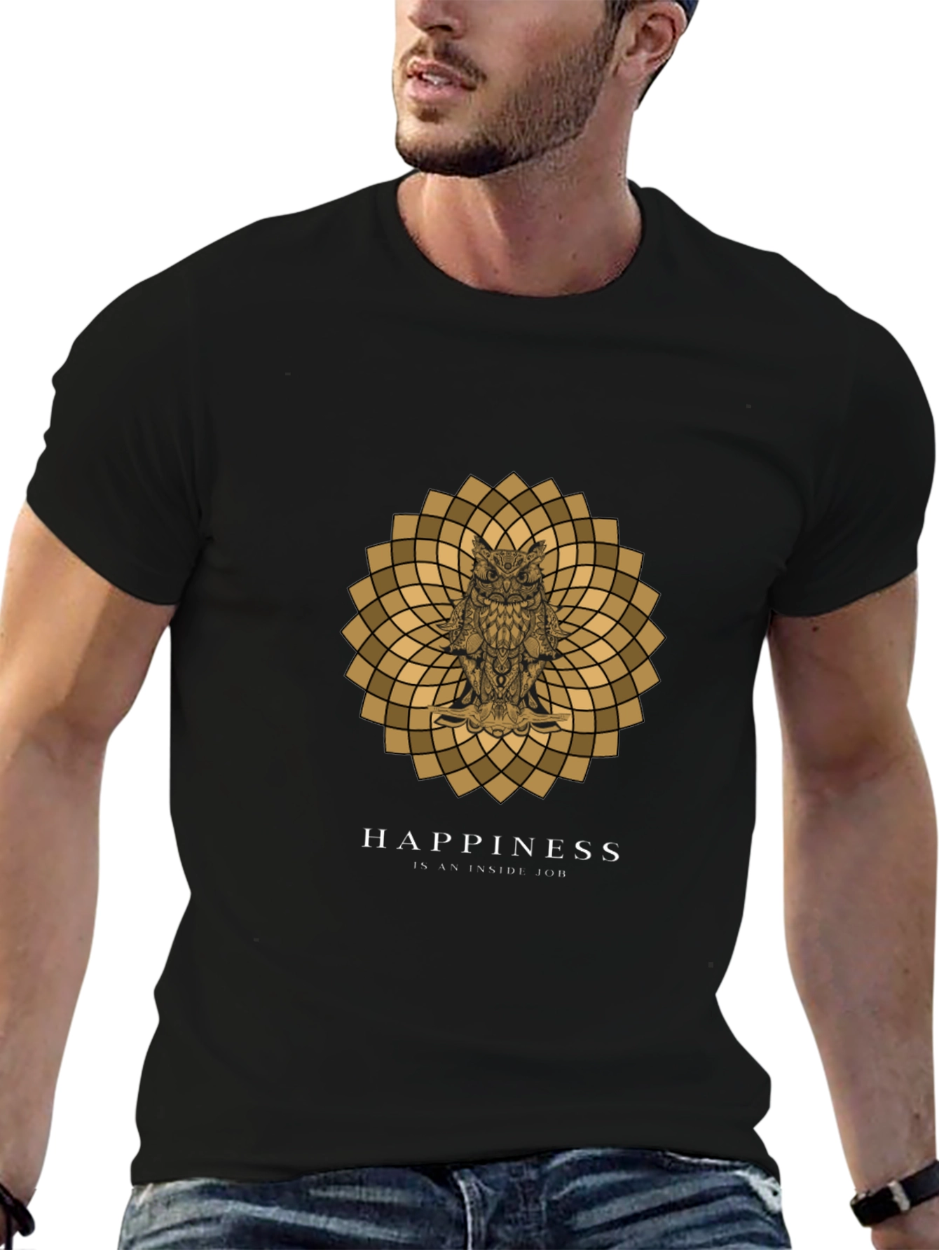 Owl Mandala Graphic Print Black T-Shirt