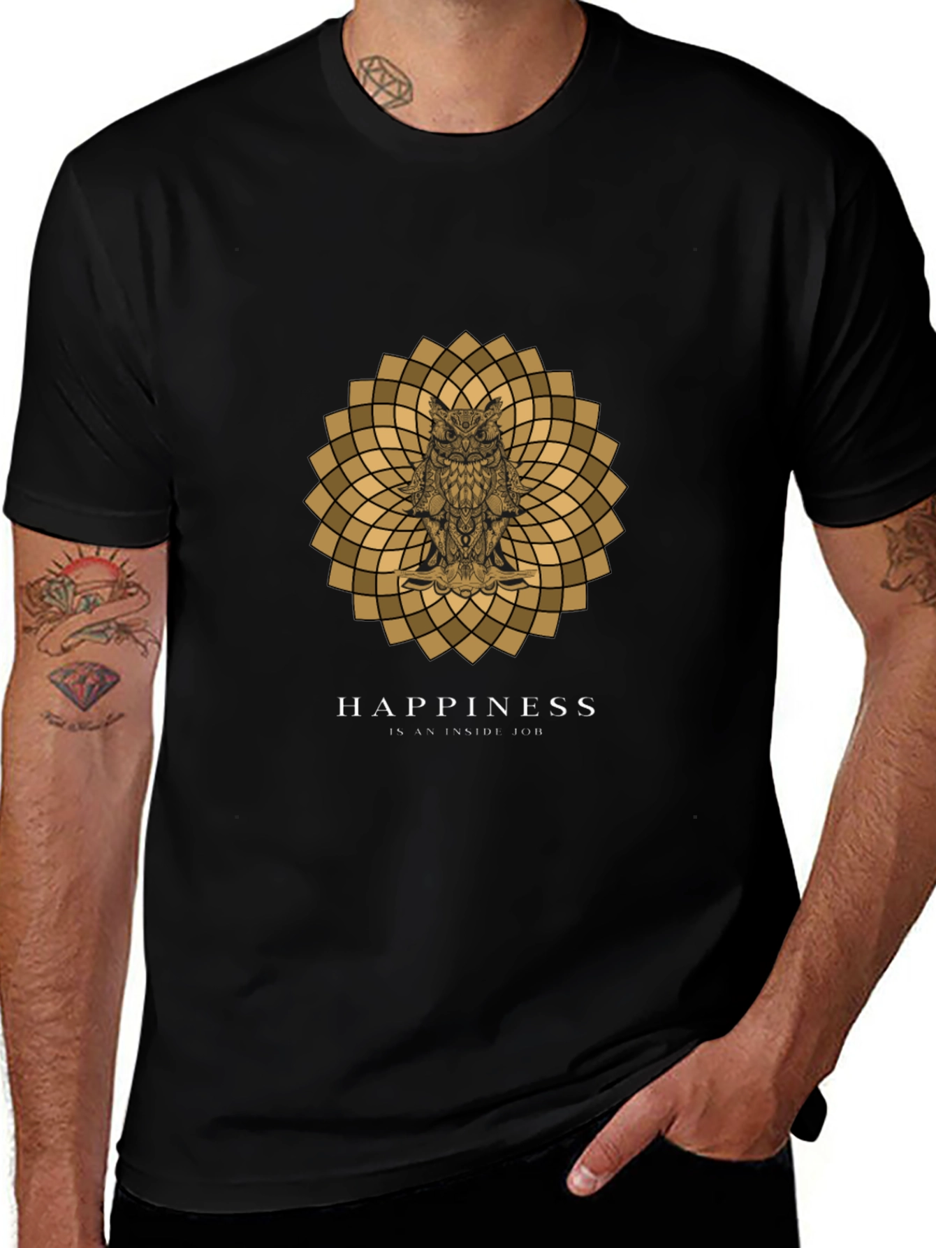 Owl Mandala Graphic Print Black T-Shirt