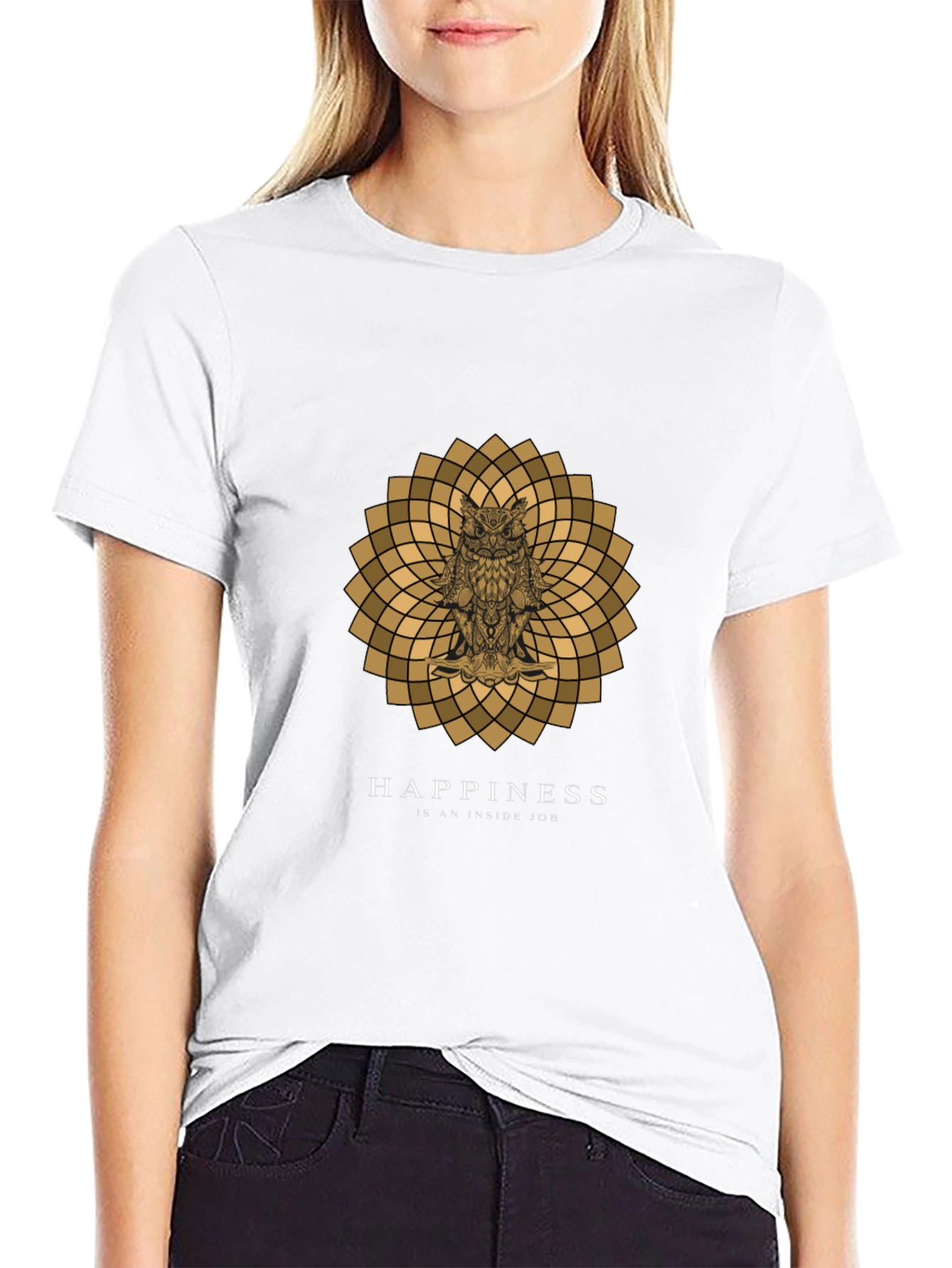 Owl Mandala Graphic Print Black T-Shirt