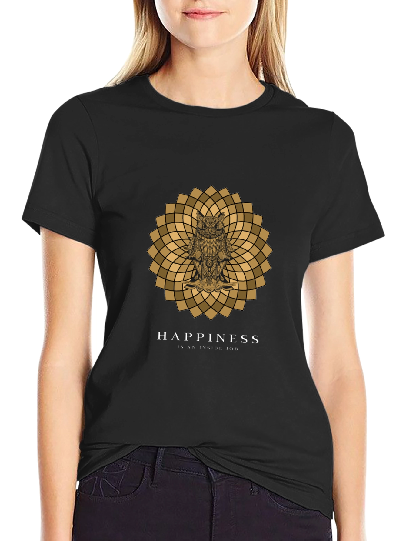 Owl Mandala Graphic Print Black T-Shirt