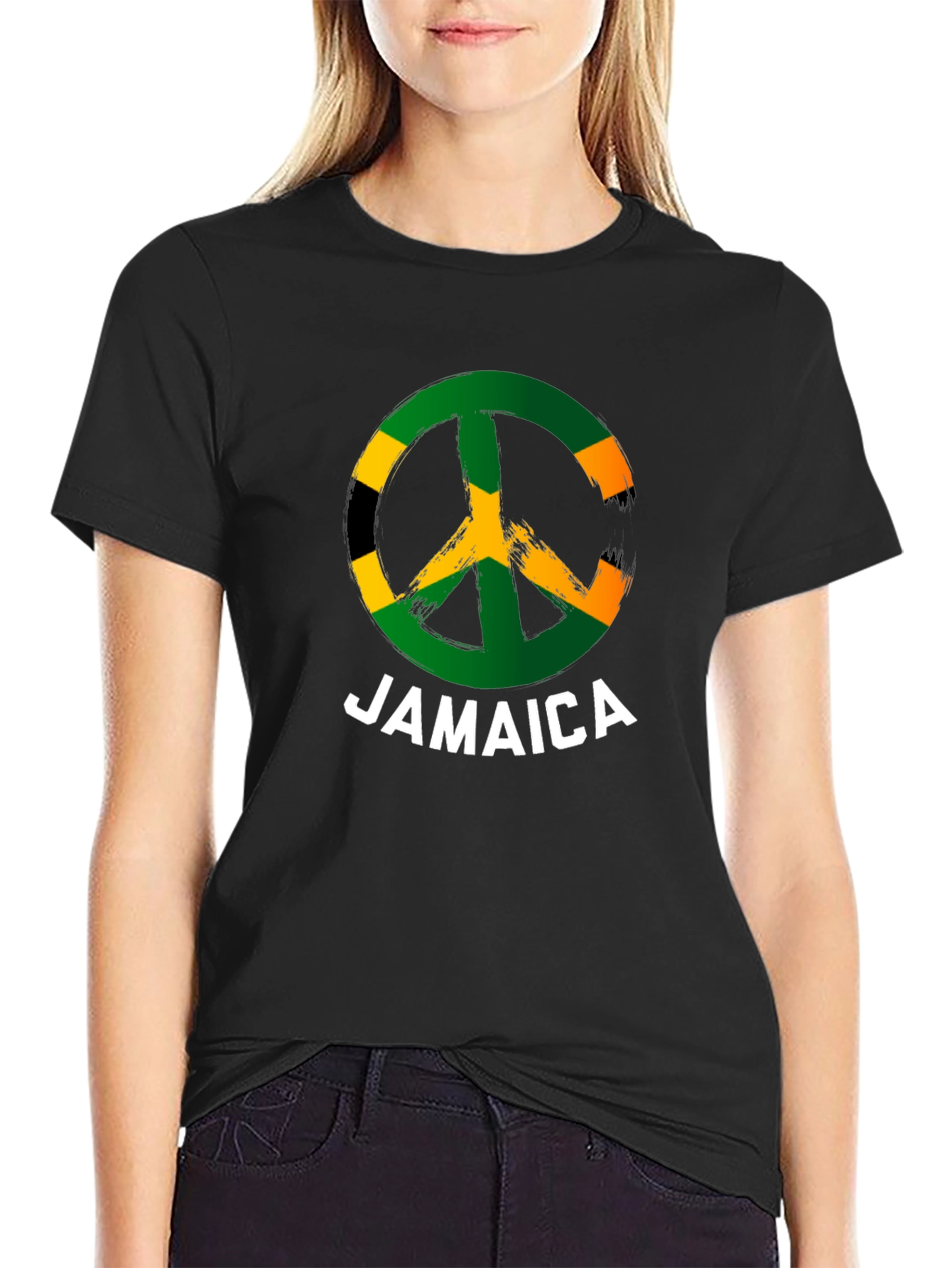 Jamaica Peace Sign T-Shirt Black Cotton