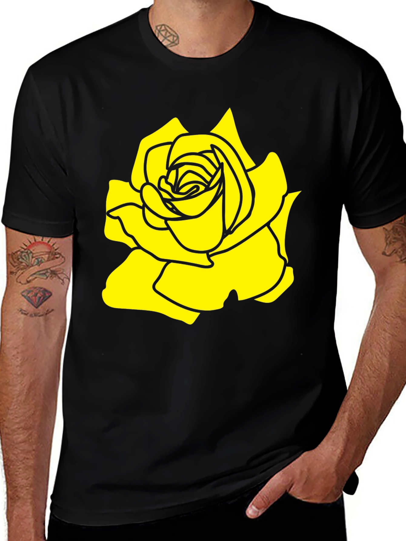 Black T-Shirt with Yellow Rose Graphic