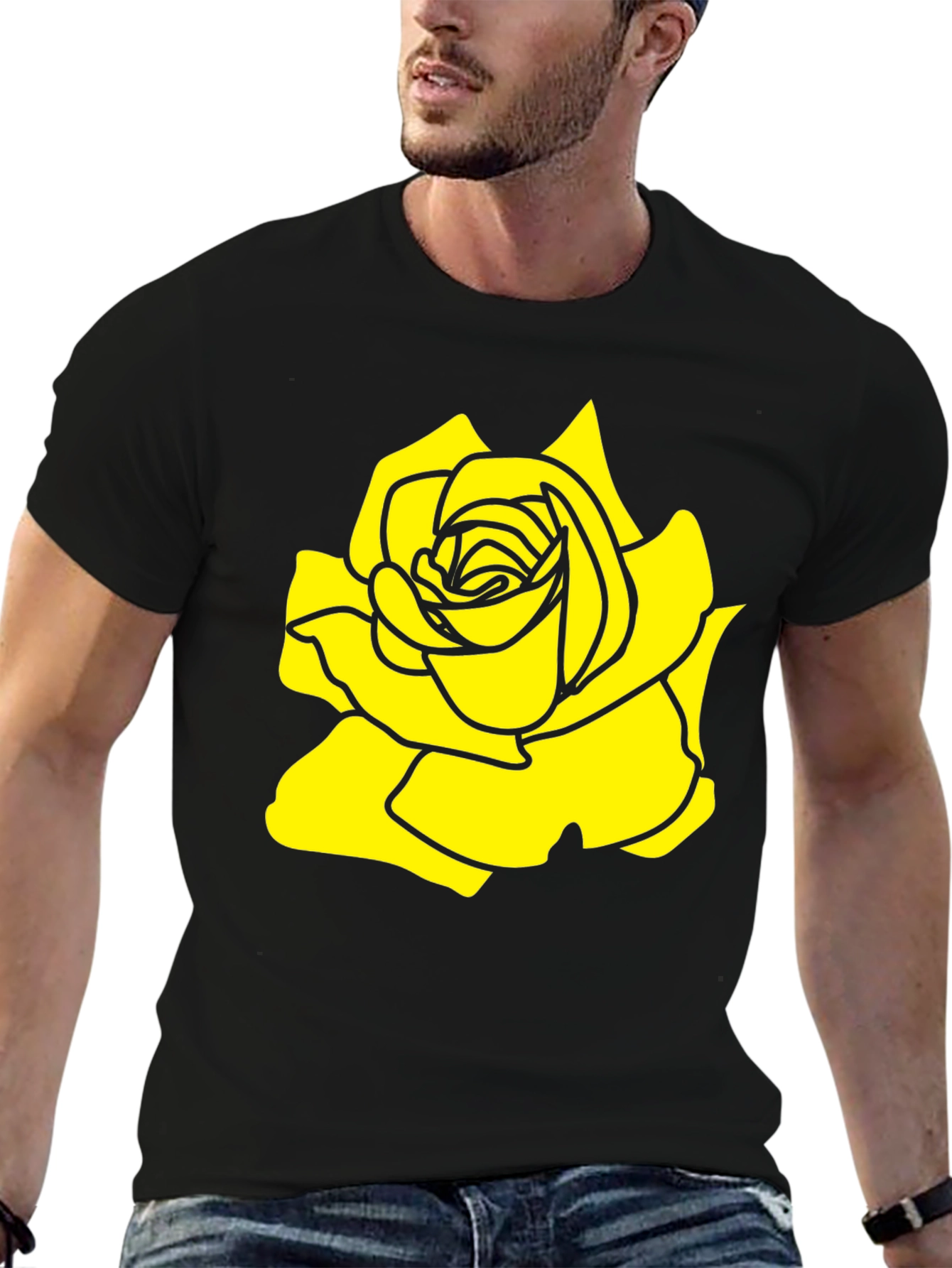Black T-Shirt with Yellow Rose Graphic