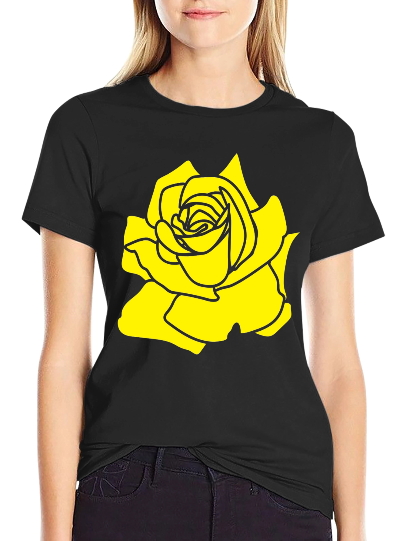 Black T-Shirt with Yellow Rose Graphic