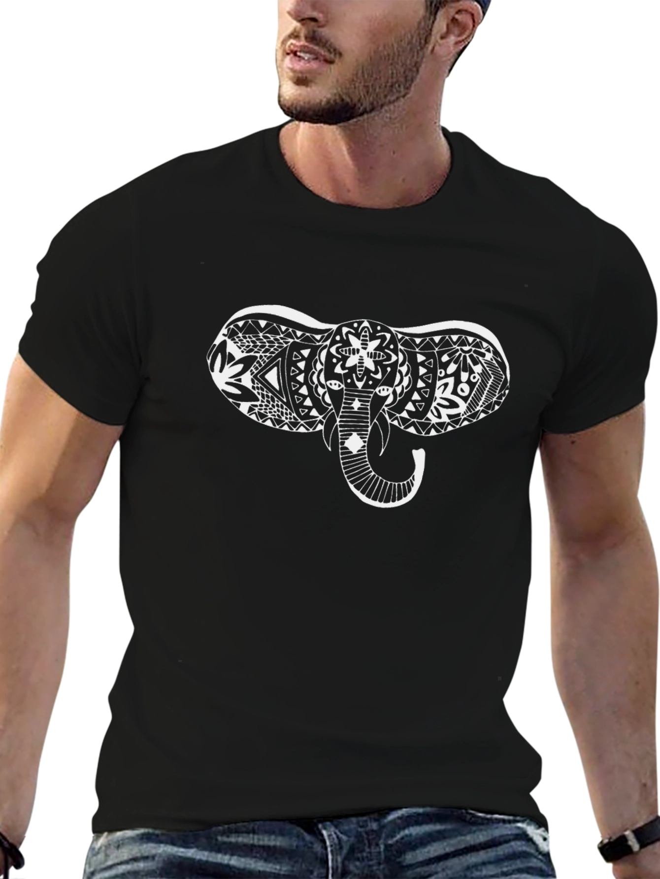 Elephant Art Graphic Tee - Mens Black Cotton Shirt