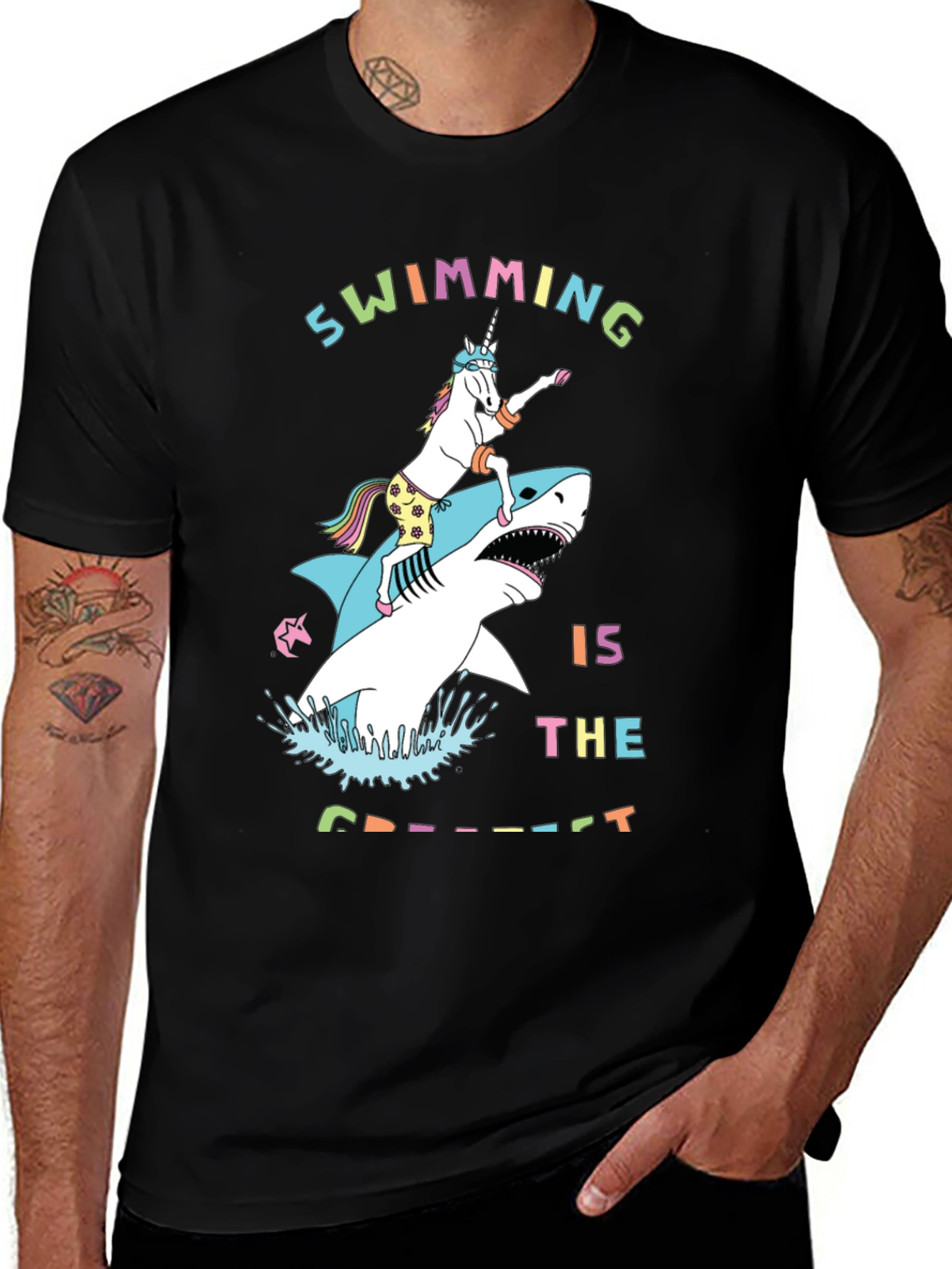 Swimming Unicorn Riding Shark Graphic Tee