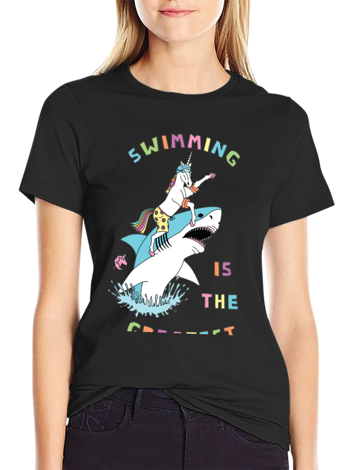 Swimming Unicorn Riding Shark Graphic Tee