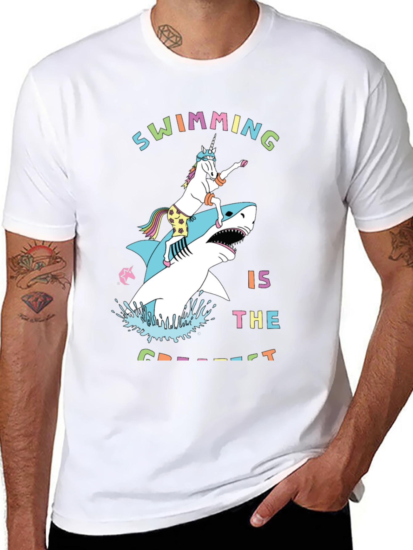 Swimming Unicorn Riding Shark Graphic Tee