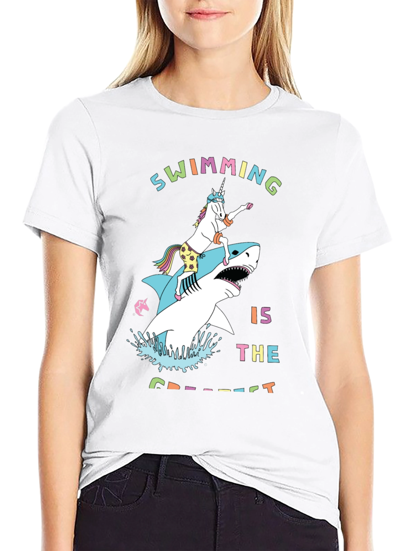 Swimming Unicorn Riding Shark Graphic Tee