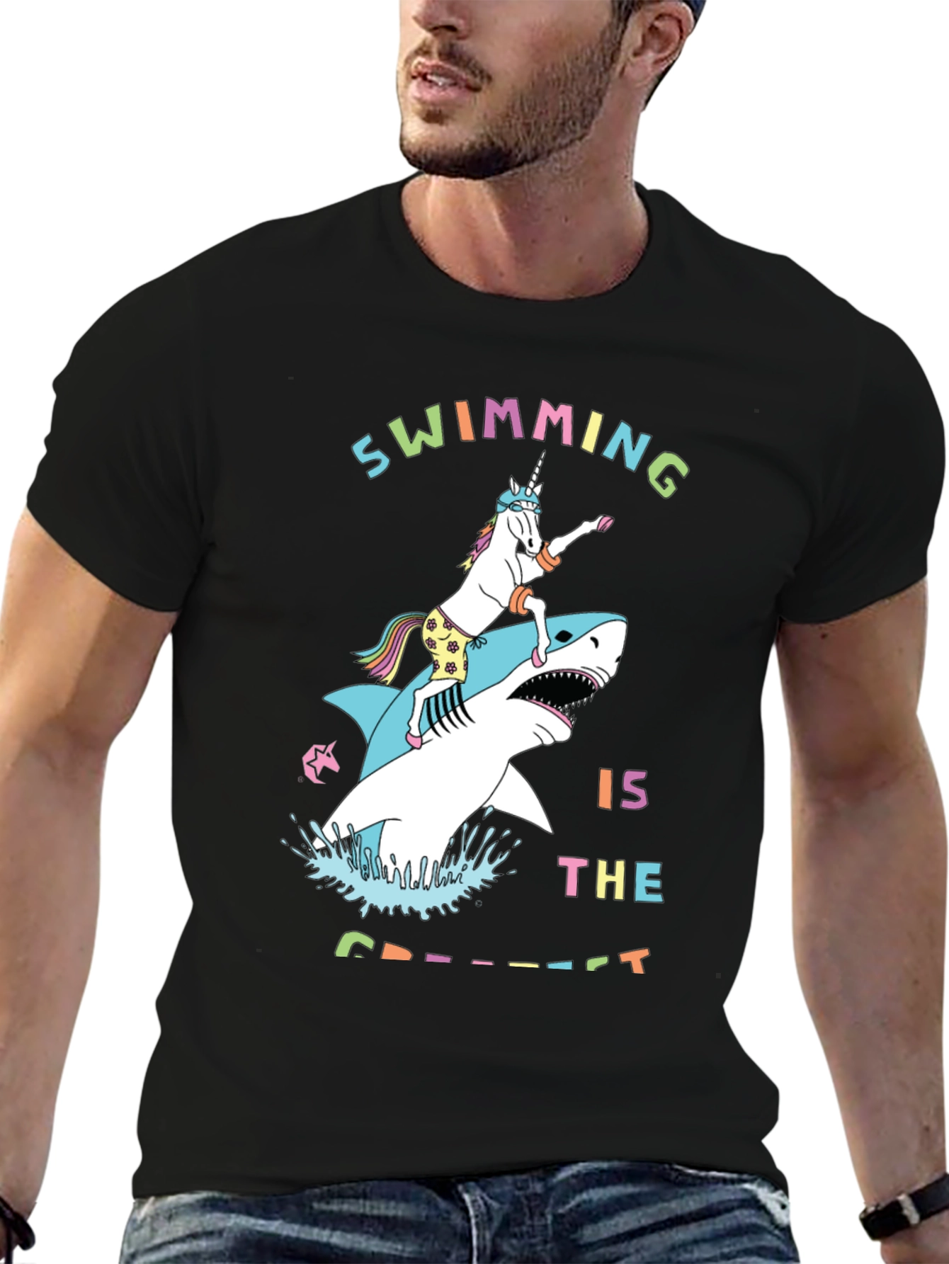 Swimming Unicorn Riding Shark Graphic Tee