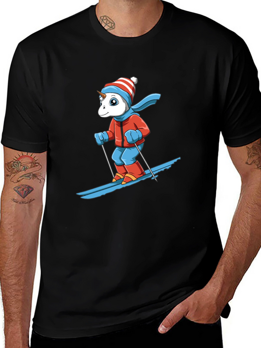 Skiing Unicorn Graphic Tee - Black Cotton T-Shirt