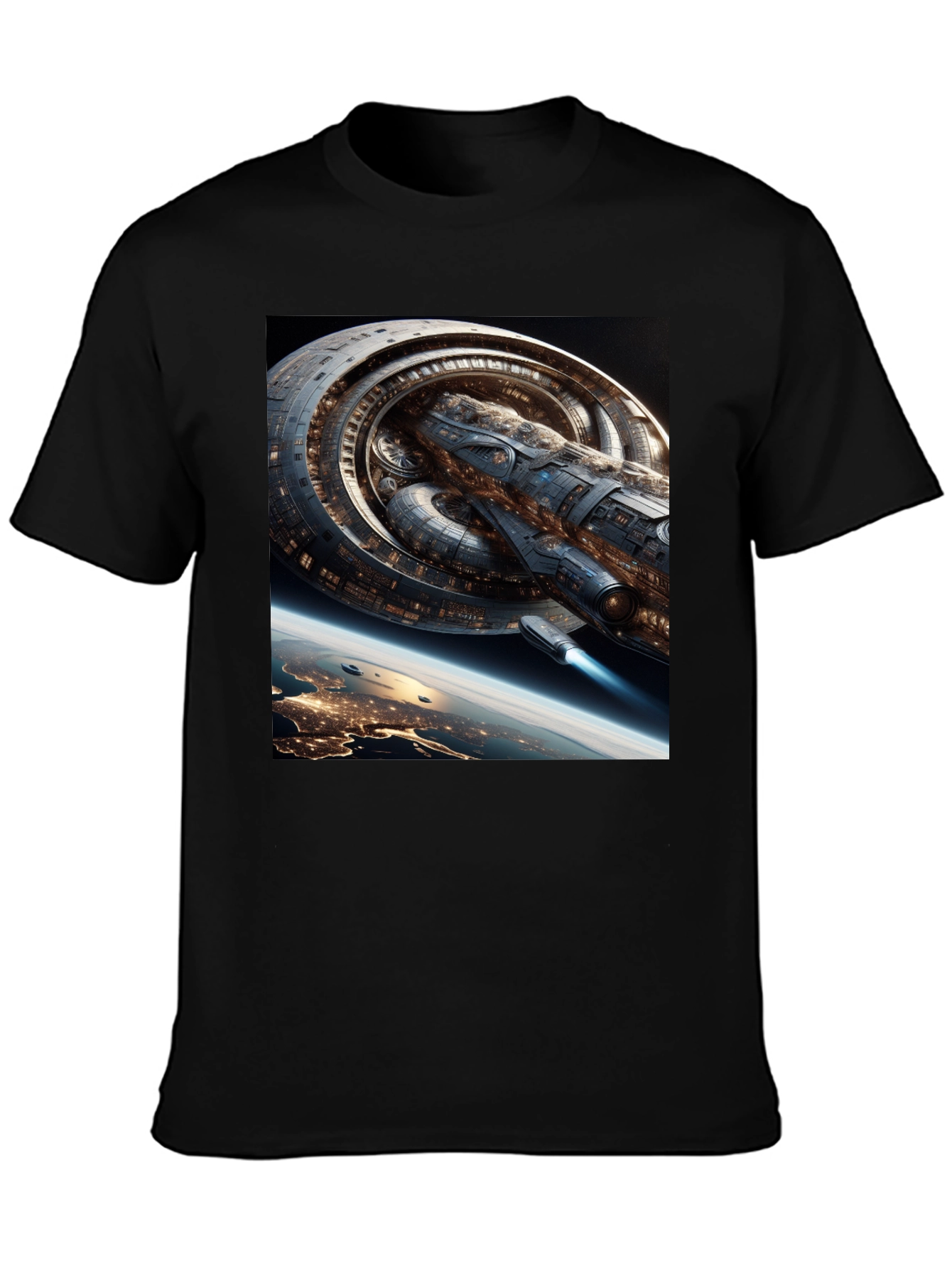 Sci-Fi Spaceship Graphic Black T-Shirt