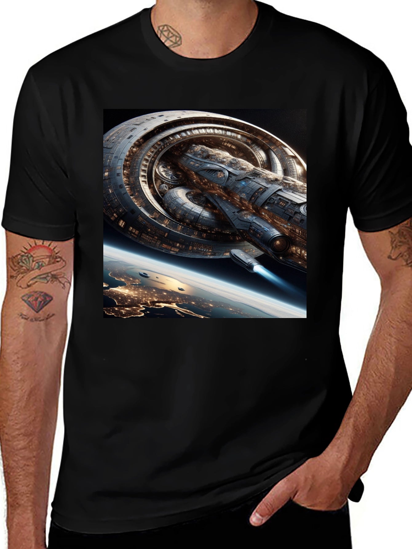 Sci-Fi Spaceship Graphic Black T-Shirt