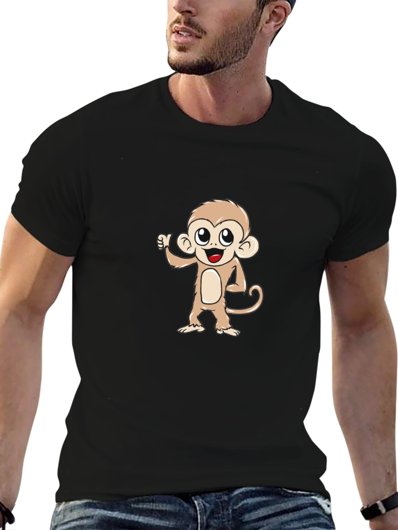 Cute Monkey Graphic Tee - Black Cotton T-Shirt