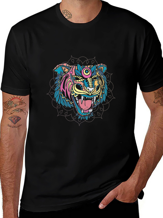 Colorful Tiger Graphic Print Black T-Shirt