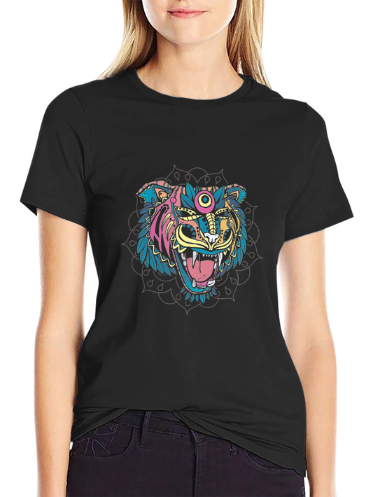 Colorful Tiger Graphic Print Black T-Shirt