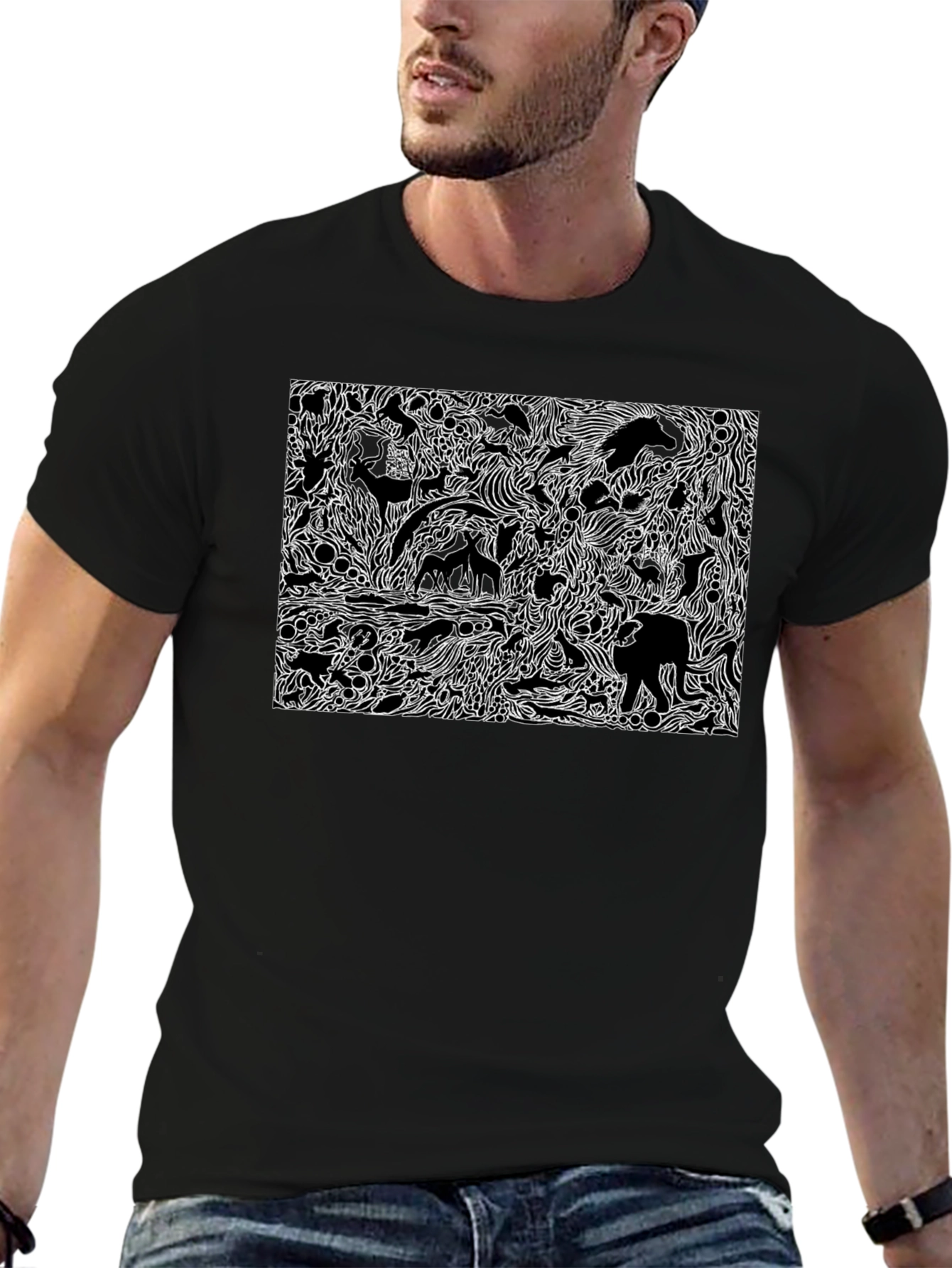 Black Graphic Tee with Animal Print