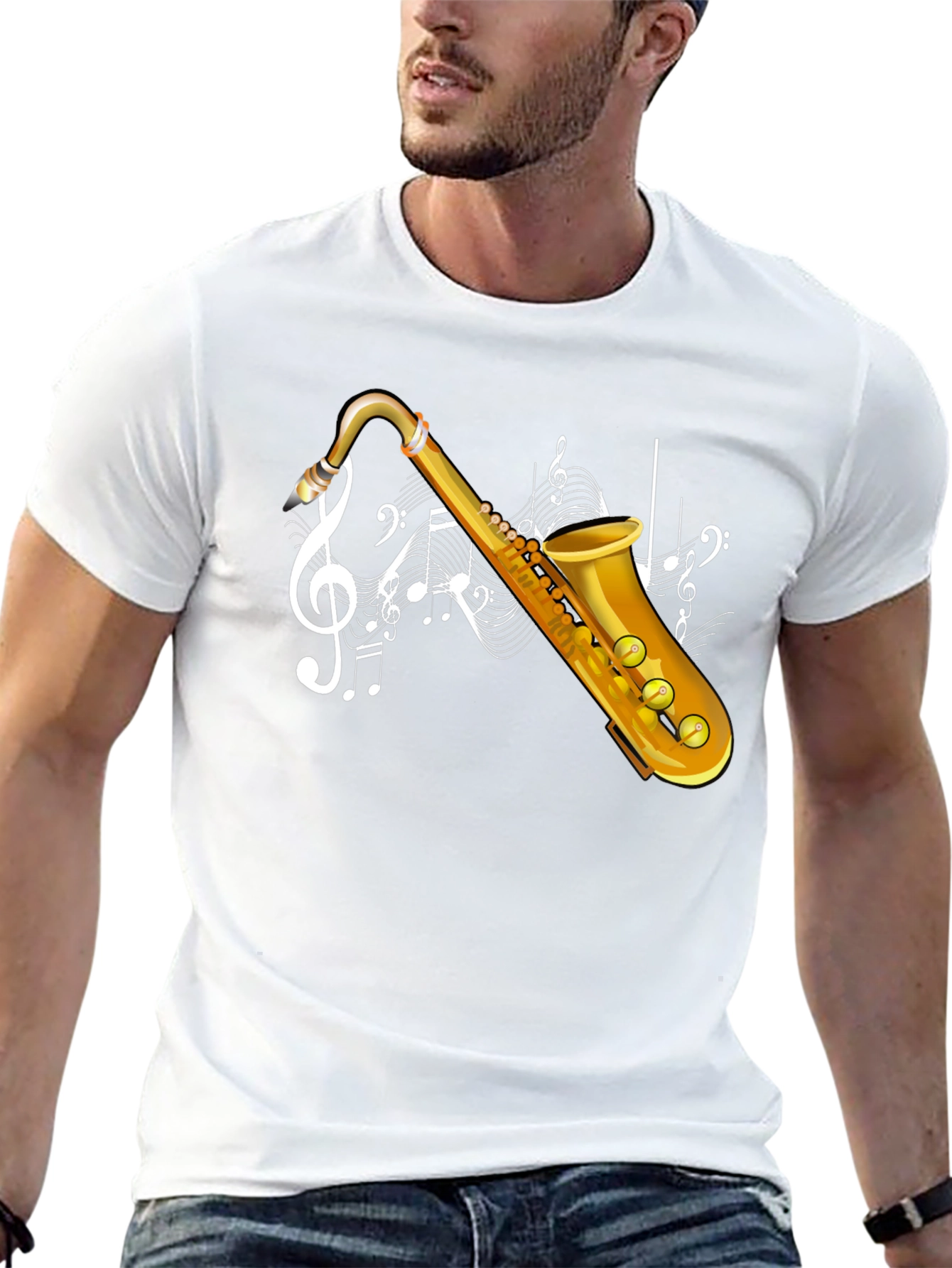 Saxophone & Music Notes Graphic Black T-Shirt