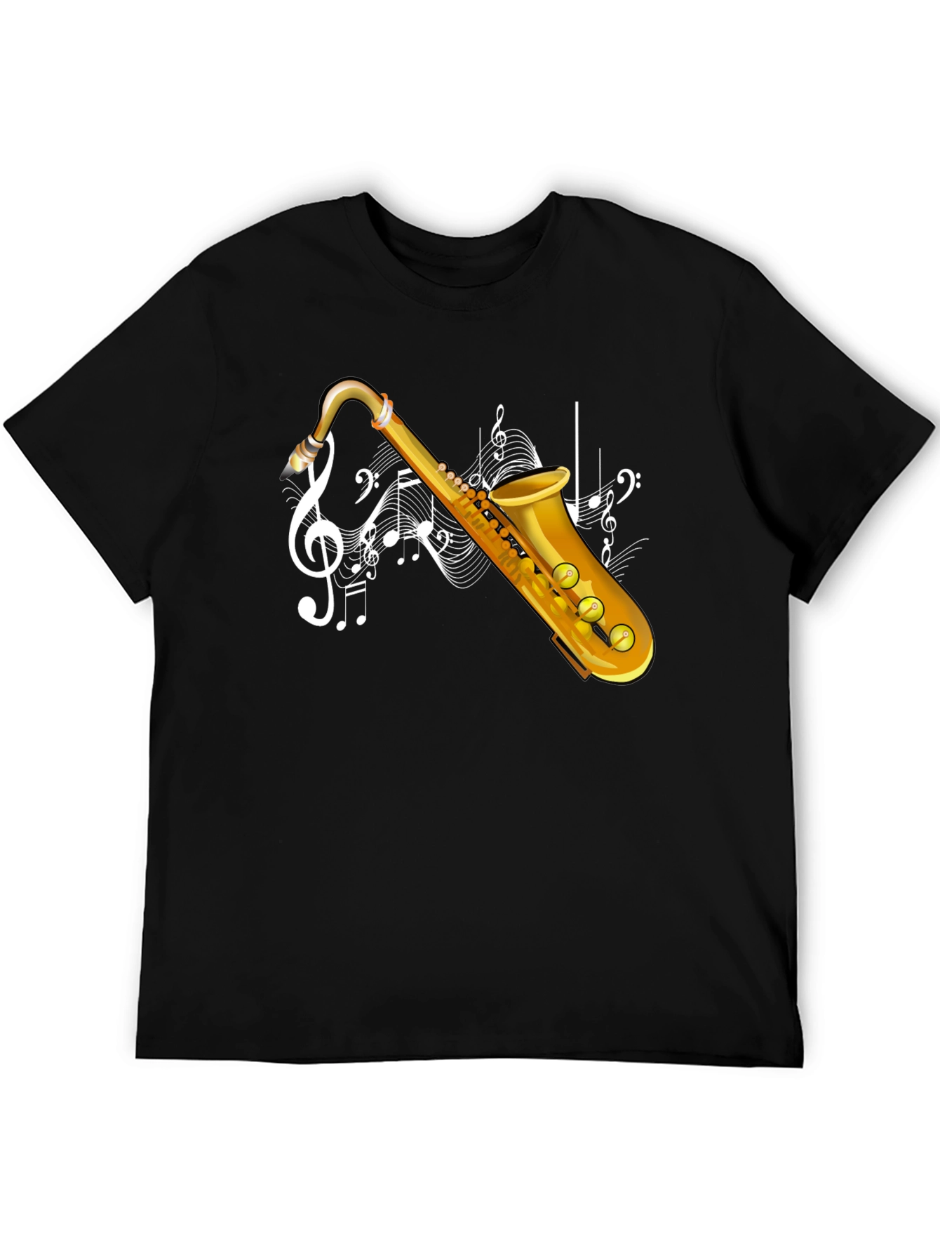 Saxophone & Music Notes Graphic Black T-Shirt