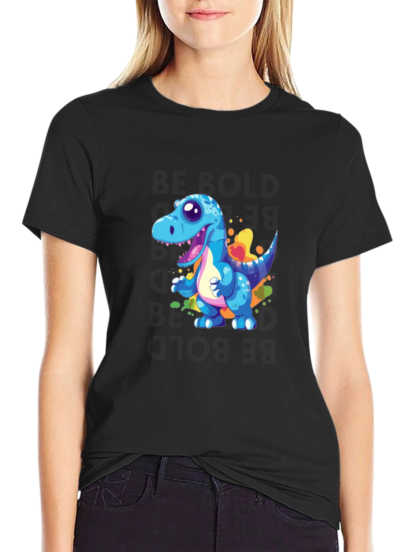 Cartoon Dinosaur Graphic Black T-Shirt