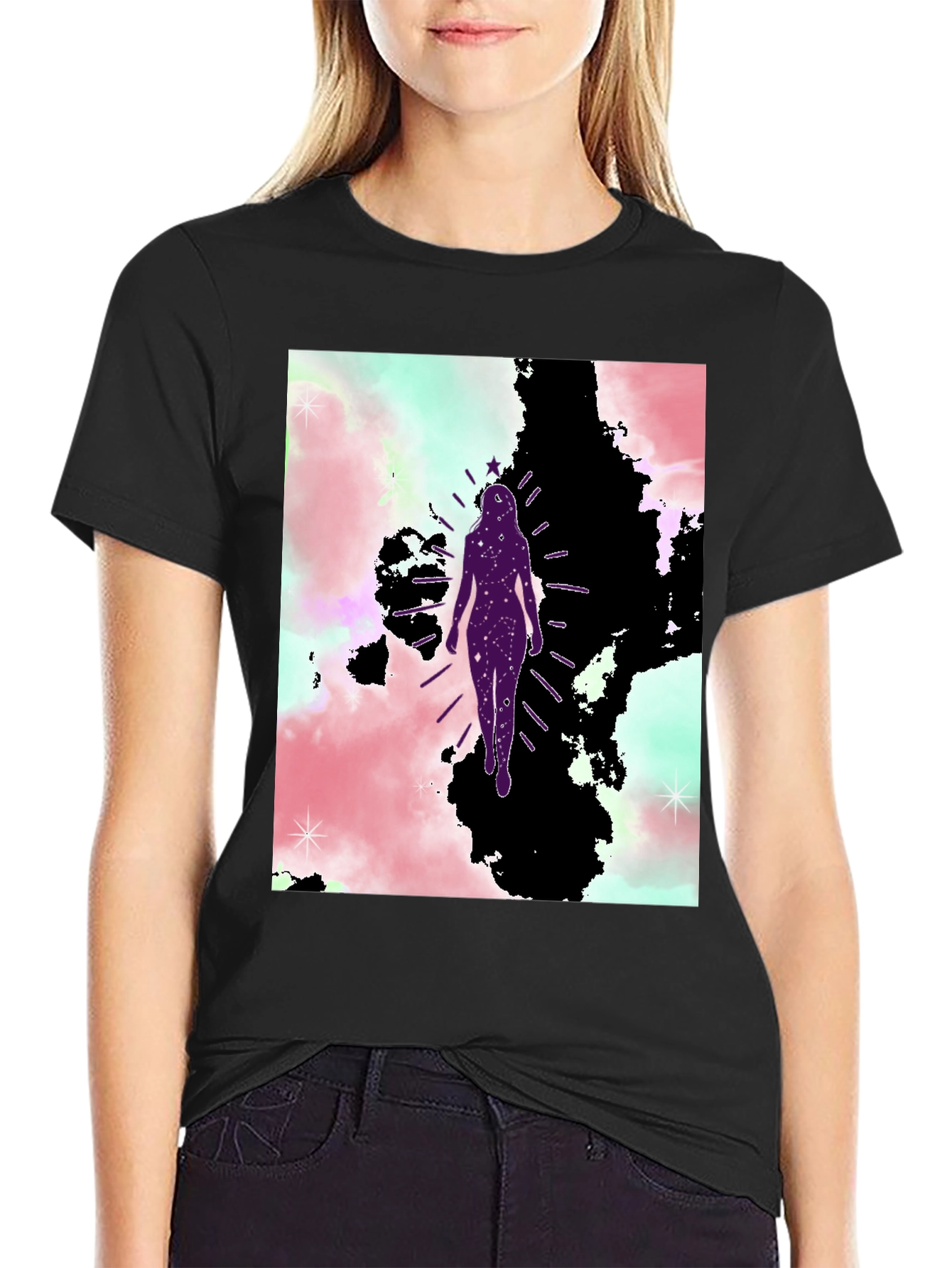 Celestial Woman Graphic Tee - Black Cotton Blend