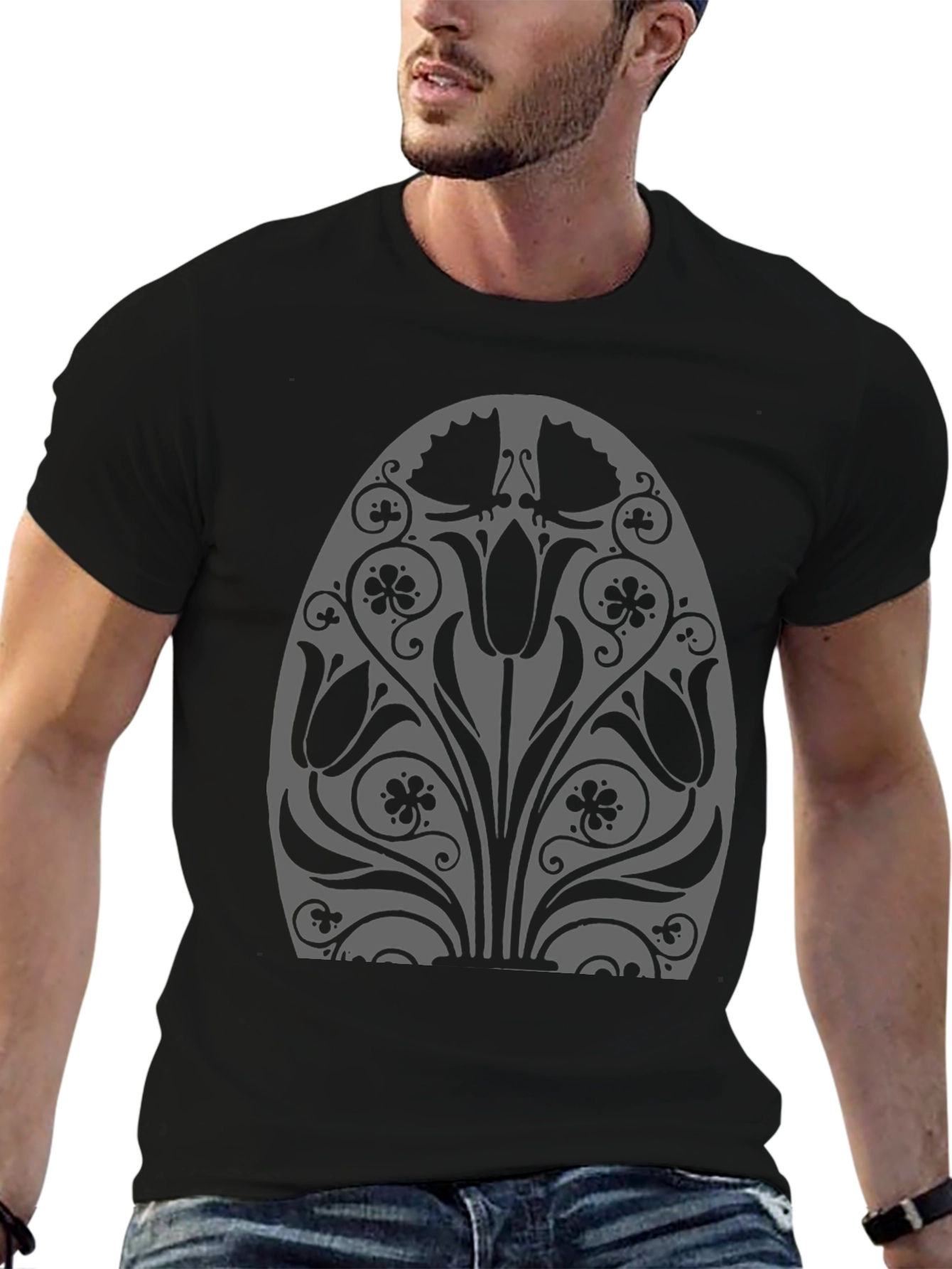 Floral Tulip Graphic Black T-Shirt