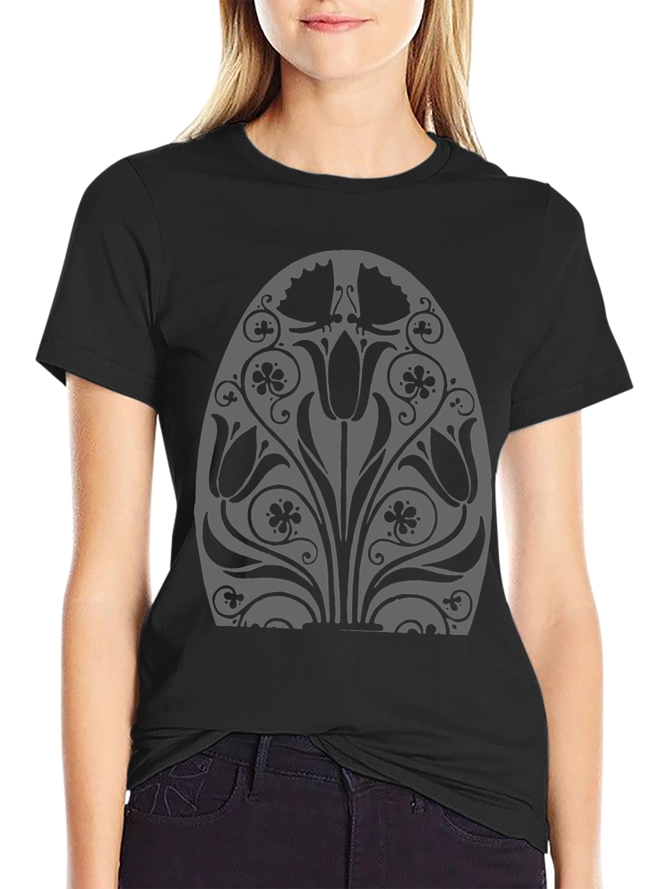 Floral Tulip Graphic Black T-Shirt