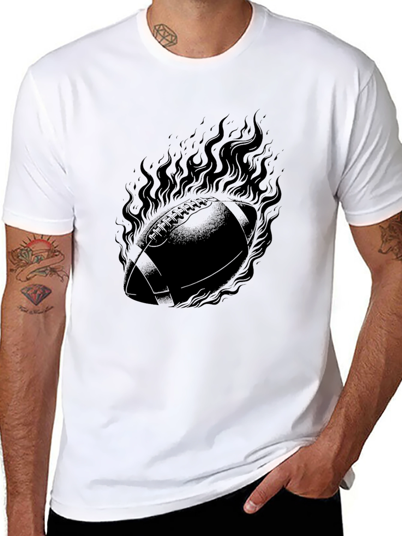 Flaming Football Graphic Tee - Black Cotton T-Shirt