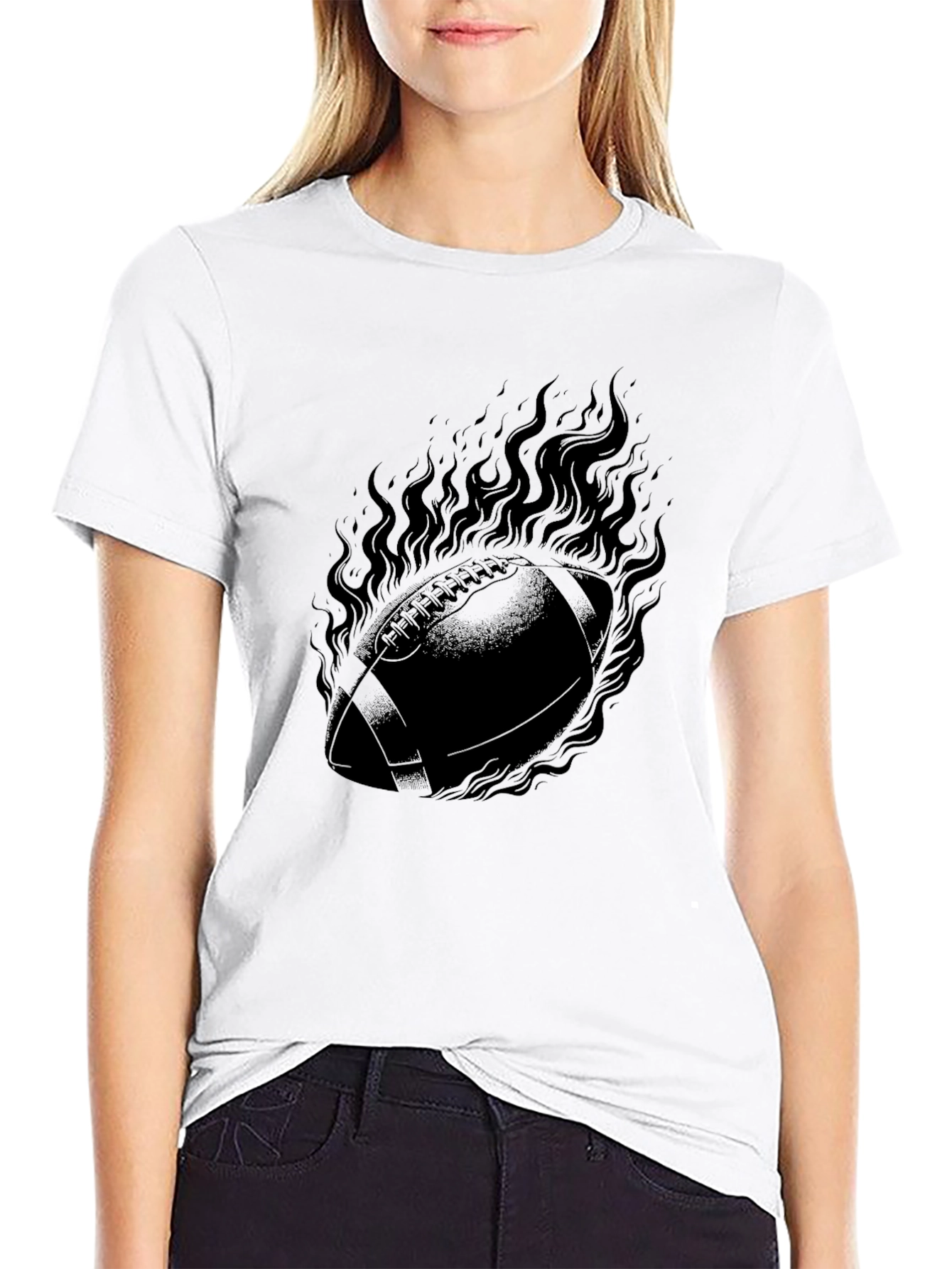 Flaming Football Graphic Tee - Black Cotton T-Shirt