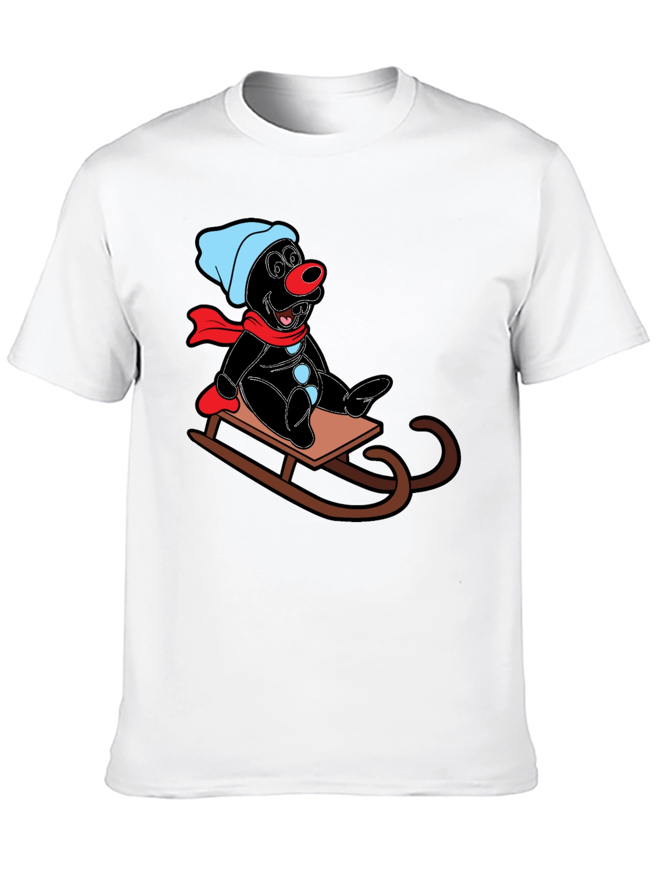 Cartoon Mole on Sled Black T-Shirt