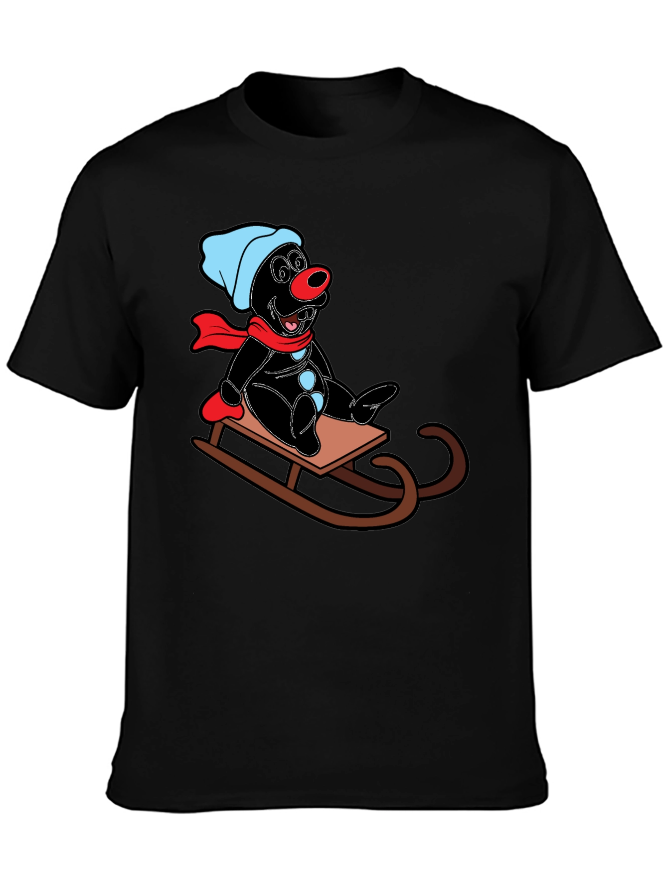 Cartoon Mole on Sled Black T-Shirt
