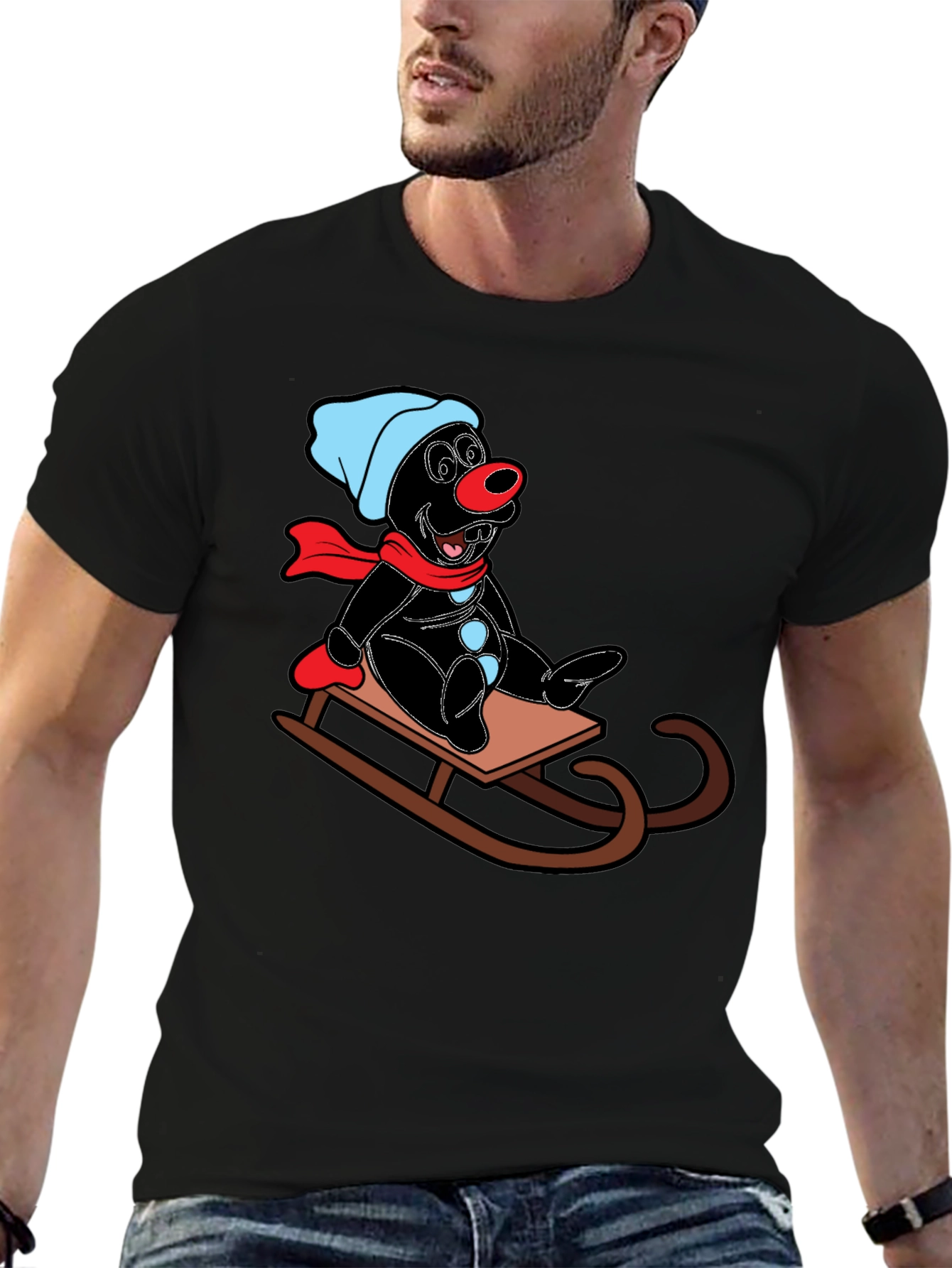 Cartoon Mole on Sled Black T-Shirt