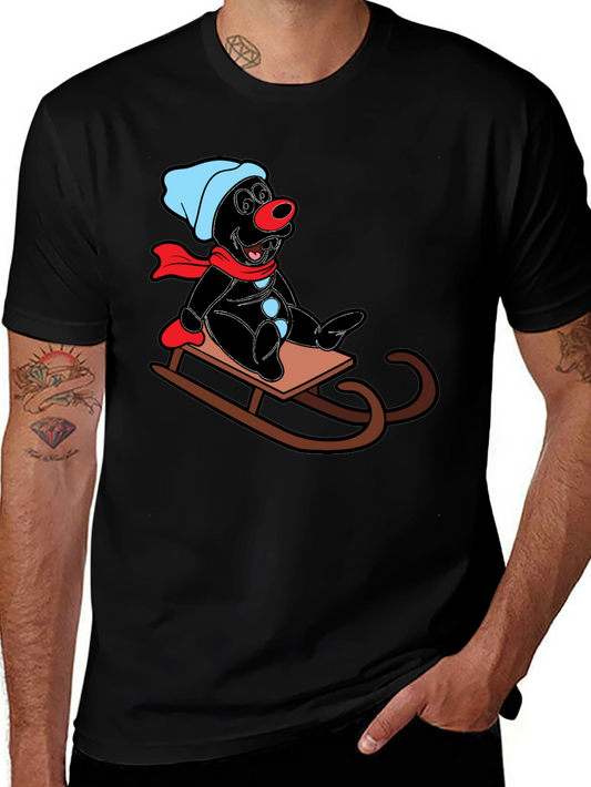 Cartoon Mole on Sled Black T-Shirt