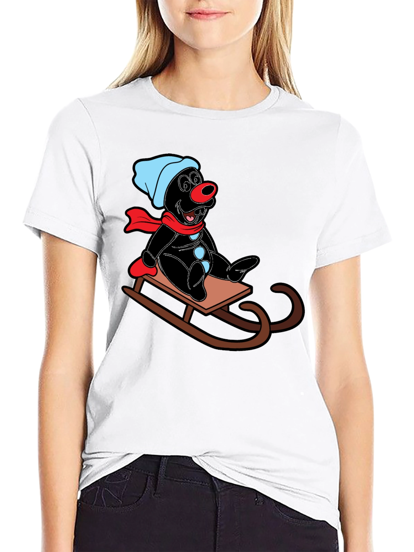 Cartoon Mole on Sled Black T-Shirt
