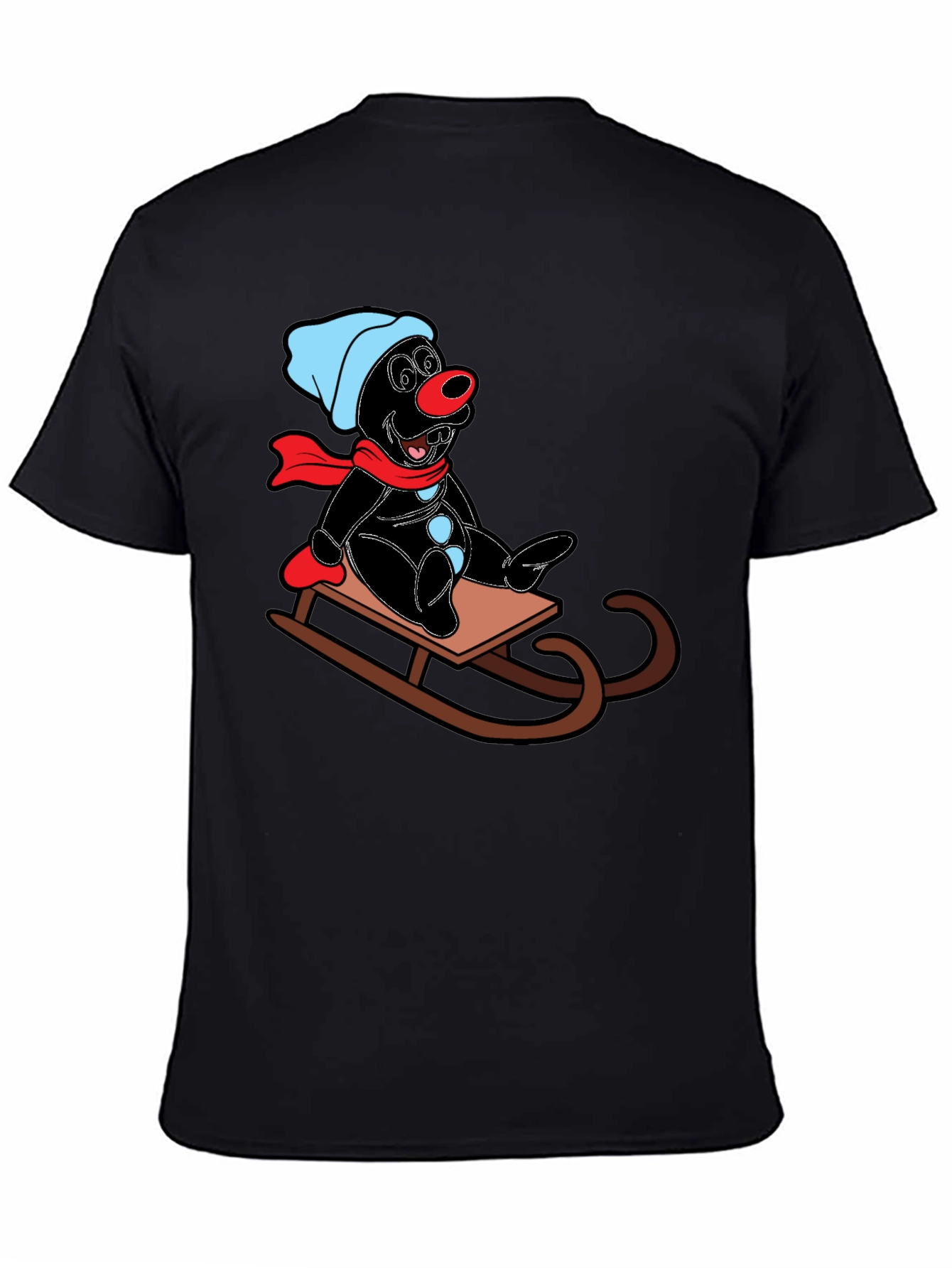 Cartoon Mole on Sled Black T-Shirt