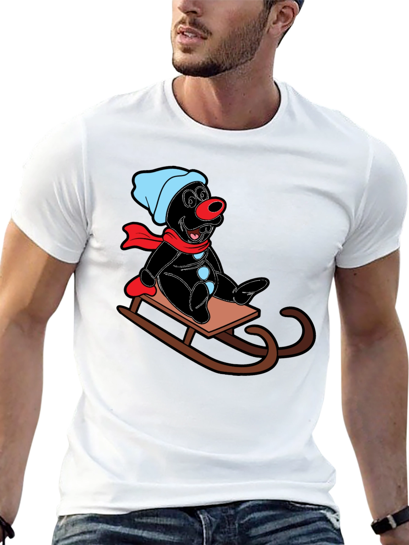 Cartoon Mole on Sled Black T-Shirt