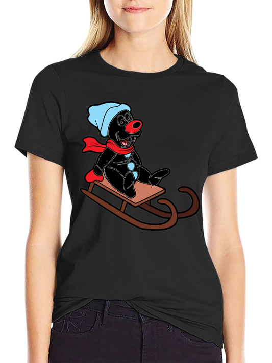 Cartoon Mole on Sled Black T-Shirt